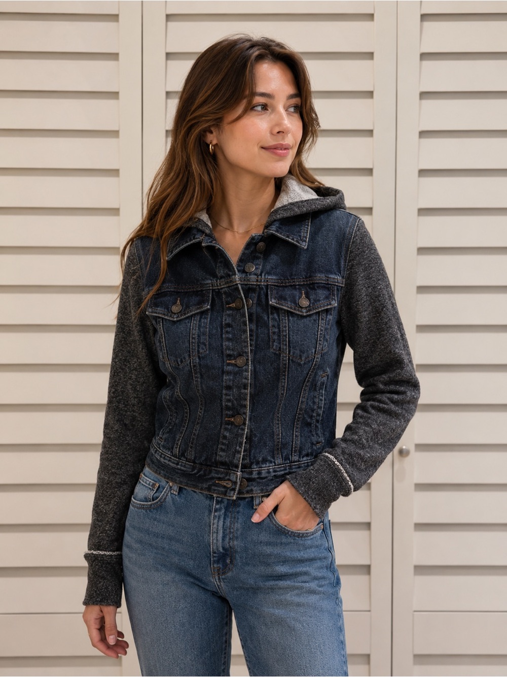 Free People Jean Jacket with Sweat Sleeves and hoodie